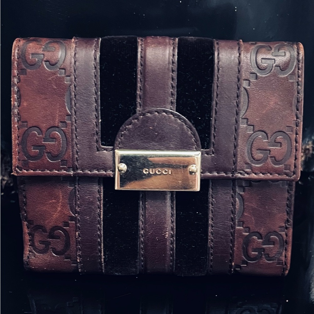 Vintage Gucci Dark Brown Leather and Velvet Wallet